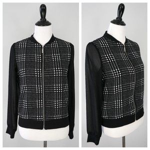 BCBGMAXAZRIA Black White Houndstooth Sheer Sleeve Zip Front Coat Jacket Size S